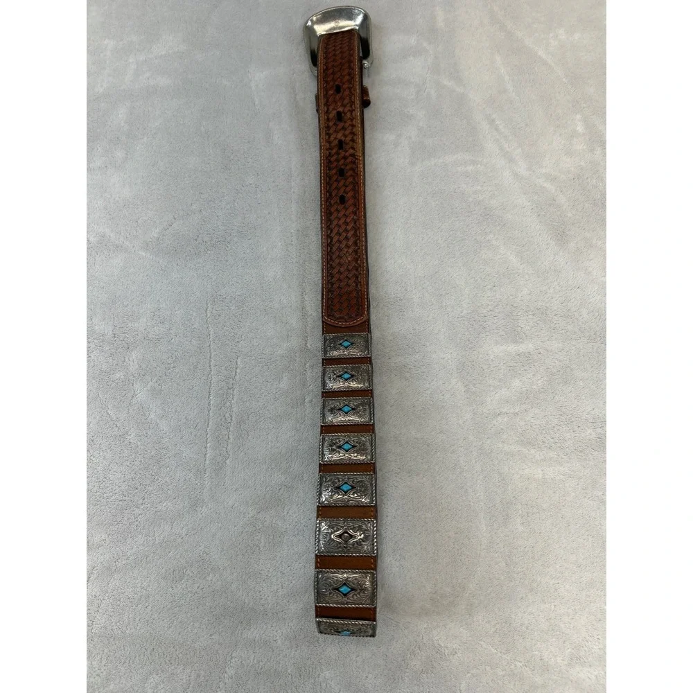 Leather Belt Unisex 34 Brown Handtooled Western Turquoise Concho Silver Buckle